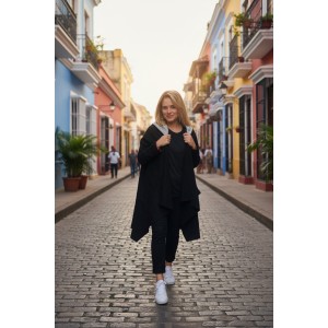 Πανωφόρι Midi, μαύρο ασύμμετρο, σε στυλ κάπας με μανίκι, με Κουκούλα, το εσωτερικό της κουκούλας είναι σε χρώμα γκρι ανοιχτό , Άνετο ζεστό, Φούτερ με χνούδι, με πλαϊνές τσέπες, ΧΩΡΙΣ φερμουάρ, σχέδιο Λουλουδένιο