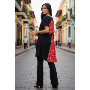 Mπλουζοφόρεμα ασύμμετρο, λευκό ή μαύρο.με κοντό μανίκι, βαμβάκι 100%, με φλοράλ ουρ΄΄α στο πίσω μέρος, μήκος από ώμο μπροστά 80εκ. και 90εκ. με σχέδιο φλοράλ