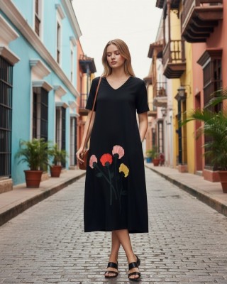 Φόρεμα midi άλφα γραμμή με τσέπες εσωτερικές, χρώμα μαύρο ή μπλε σκούρο , V λαιμόκοψη, με κοντό μανίκι, μήκος 115εκ από ώμο, Βαμβάκι 100%, Σχέδιο πολύχρωμα λουλούδια