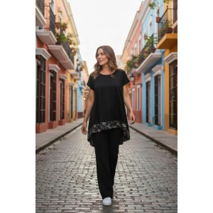 Mπλουζοφόρεμα ασύμμετρο,  μαύρο.με κοντό μανίκι, βαμβάκι 100%, με φλοράλ ουρ΄΄α στο πίσω μέρος, μήκος από ώμο μπροστά 80εκ. και 90εκ. με σχέδιο  Φιόγκος μοναδικός