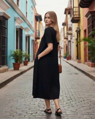 Φόρεμα midi άλφα γραμμή με τσέπες εσωτερικές, χρώμα μαύρο ή μπλε σκούρο , V λαιμόκοψη, με κοντό μανίκι, μήκος 115εκ από ώμο, Βαμβάκι 100%, Σχέδιο πολύχρωμα λουλούδια