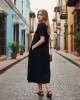 Φόρεμα midi άλφα γραμμή με τσέπες εσωτερικές, χρώμα μαύρο ή μπλε σκούρο , V λαιμόκοψη, με κοντό μανίκι, μήκος 115εκ από ώμο, Βαμβάκι 100%, Σχέδιο πολύχρωμα λουλούδια