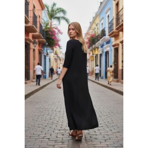 Φόρεμα μακρύ μαύρο ή μπλε σκούρο, με V λαιμόκοψη, κοντό μανίκι, μήκος από τον ώμο 135εκ., άνετο και δροσερό βαμβάκι 100%,  με σχέδιο πολύχρωμα λουλούδια