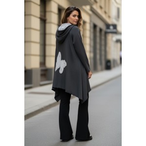  Πανωφόρι Midi, γκρι σκούρο ασύμμετρο, με Κουκούλα, Άνετο ζεστό, μήκος 100εκ.,Φούτερ με χνούδι, με πλαϊνές τσέπες, ΧΩΡΙΣ φερμουάρ,  σχέδιο ¨Γκρι Πεταλούδα"
