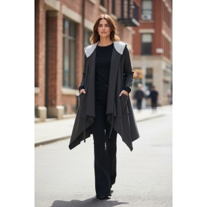  Πανωφόρι Midi, γκρι σκούρο ασύμμετρο, με Κουκούλα, Άνετο ζεστό, μήκος 100εκ.,Φούτερ με χνούδι, με πλαϊνές τσέπες, ΧΩΡΙΣ φερμουάρ,  σχέδιο ¨Γκρι Πεταλούδα"