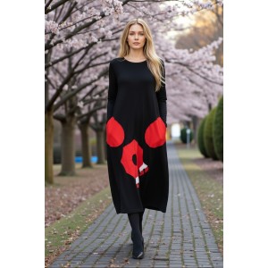 Φόρεμα midi balloon, στρόγγυλη λαιμόκοψη, με μακρύ μανίκι, εξωτερικές τσέπες σε χρώμα κόκκινο, μήκος 115εκ. Βαμβάκι 95% με ελασταν 5%  σχέδιο ομπρέλα 