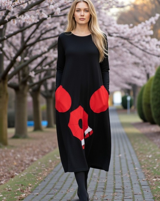 Φόρεμα midi balloon, στρόγγυλη λαιμόκοψη, με μακρύ μανίκι, εξωτερικές τσέπες σε χρώμα κόκκινο, μήκος 115εκ. Βαμβάκι 95% με ελασταν 5%  σχέδιο ομπρέλα 