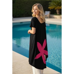 Mπλουζοφόρεμα ασύμμετρο, Μήκος μπλούζας από τον ώμο το μπροστινό μέρος 70 εκ. και το πίσω μέρος 100εκ., με κοντό μανίκι βαμβάκι 100% με σχέδιο Φούξια Λουλούδι 