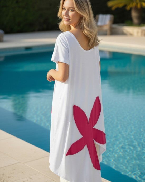 Mπλουζοφόρεμα ασύμμετρο, Μήκος μπλούζας από τον ώμο το μπροστινό μέρος 70 εκ. και το πίσω μέρος 100εκ., με κοντό μανίκι βαμβάκι 100% με σχέδιο Φούξια Λουλούδι 