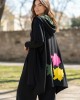 Ασύμμετρο Πανωφόρι Midi, μαύρο, σε στυλ κάπας με μανίκι, Άνετο ζεστό, Φούτερ με χνούδι, Βαμβάκι95% ελαστάν 5%, πλαϊνές τσέπες, ΧΩΡΙΣ φερμουάρ, σχέδιο Πολύχρωμα Πλατανόφυλλα