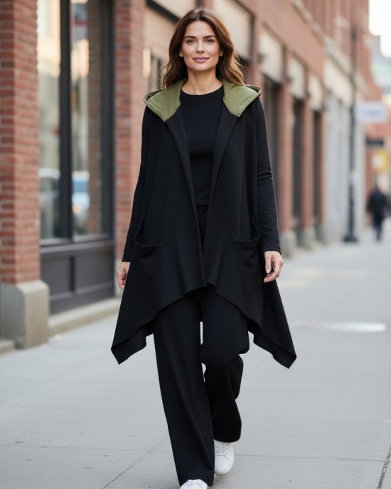 Ασύμμετρο Πανωφόρι Midi, μαύρο, σε στυλ κάπας με μανίκι, Άνετο ζεστό, Φούτερ με χνούδι, Βαμβάκι95% ελαστάν 5%, πλαϊνές τσέπες, ΧΩΡΙΣ φερμουάρ, σχέδιο Πολύχρωμα Πλατανόφυλλα