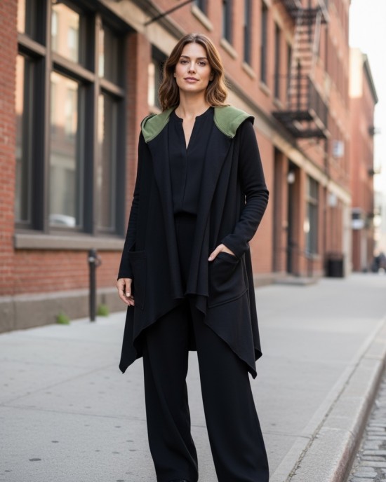 Ασύμμετρο Πανωφόρι Midi, μαύρο, σε στυλ κάπας με μανίκι, Άνετο ζεστό, Φούτερ με χνούδι, Βαμβάκι95% ελαστάν 5%, πλαϊνές τσέπες, ΧΩΡΙΣ φερμουάρ, σχέδιο Πολύχρωμα Πλατανόφυλλα