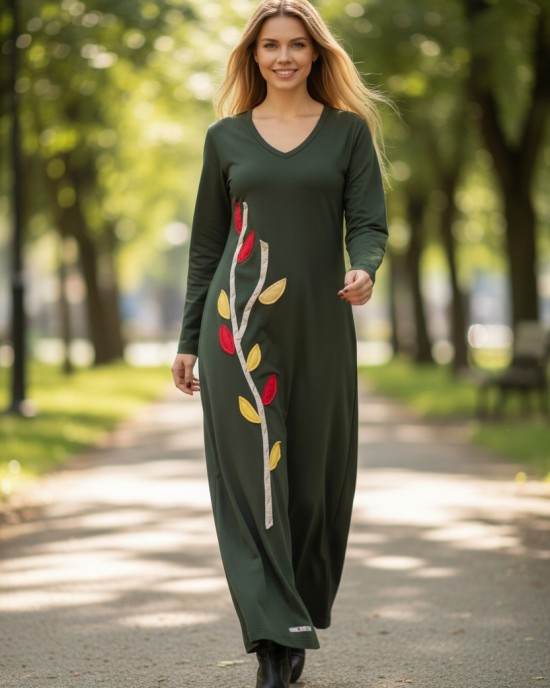 Μακρύ Φόρεμα, λαιμόκοψη V, μακρύ μανίκι, βαμβάκι95% ελαστάν , μήκος 137εκ.,  Winter