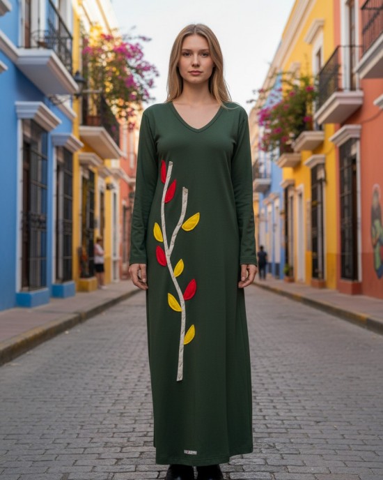 Μακρύ Φόρεμα, λαιμόκοψη V, μακρύ μανίκι, βαμβάκι95% ελαστάν , μήκος 137εκ.,  Winter