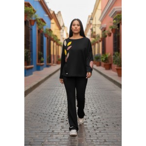 Μπλούζα με μακρύ μανίκι, Βαμβάκι 95% ελαστάν 5%, μήκος από ώμο 65εκ., με χαμόγελο λαιμόκοψη, με σχέδιο Leaves