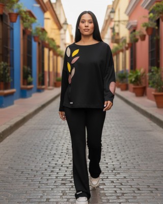 Μπλούζα με μακρύ μανίκι, Βαμβάκι 95% ελαστάν 5%, μήκος από ώμο 65εκ., με χαμόγελο λαιμόκοψη, με σχέδιο Leaves