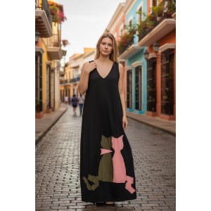 Φόρεμα μακρύ, αμάνικο, με V, μήκος από τον ώμο 135εκ., άνετο και δροσερό βαμβάκι 100%, με σχέδιο Γατούλες 