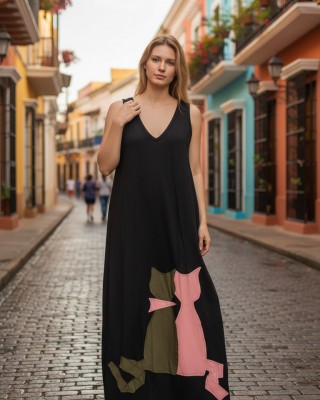 Φόρεμα μακρύ, αμάνικο, με V, μήκος από τον ώμο 135εκ., άνετο και δροσερό βαμβάκι 100%, με σχέδιο Γατούλες 