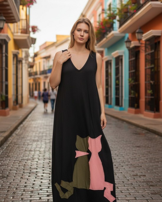 Φόρεμα μακρύ, αμάνικο, με V, μήκος από τον ώμο 135εκ., άνετο και δροσερό βαμβάκι 100%, με σχέδιο Γατούλες 