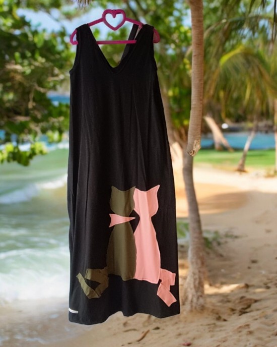 Φόρεμα Mακρύ Αμάνικο με V λαιμόκοψη πίσω και μπροστά Γατούλες 