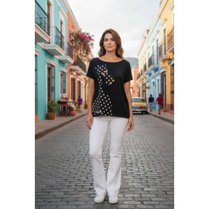 Mπλούζα  με κοντό μανίκι, χαμόγελο λαιμόκοψη, ύφασμα μπλούζας βαμβάκι 100%, μήκος από ώμο 65εκ., με σχέδιο Πουά Καμηλοπάρδαλη 