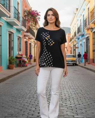 Mπλούζα  με κοντό μανίκι, χαμόγελο λαιμόκοψη, ύφασμα μπλούζας βαμβάκι 100%, μήκος από ώμο 65εκ., με σχέδιο Πουά Καμηλοπάρδαλη 