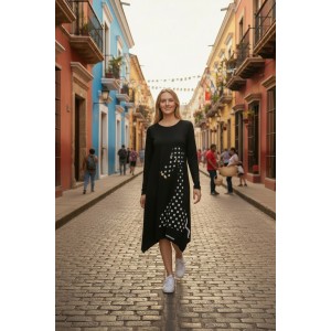 Μίντι φόρεμα, χαμόγελο λαιμόκοψη, με μακρύ μανίκι, μικρά πλαϊνά ανοίγματα στο τελείωμα, μήκος 115εκ., Βαμβάκι100% με σχέδιο την Όμορφη Πουά Καμηλοπάρδαλη