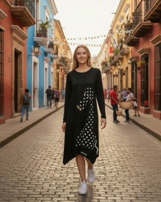 Μίντι φόρεμα, χαμόγελο λαιμόκοψη, με μακρύ μανίκι, μικρά πλαϊνά ανοίγματα στο τελείωμα, μήκος 115εκ., Βαμβάκι100% με σχέδιο την Όμορφη Πουά Καμηλοπάρδαλη