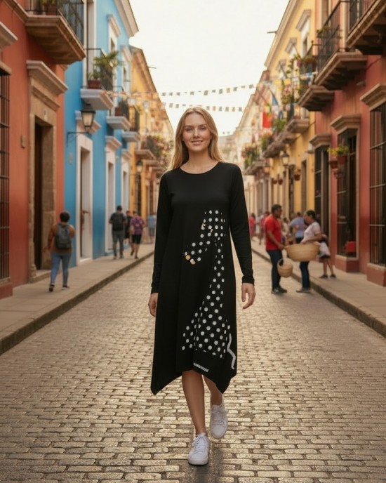 Μίντι φόρεμα, χαμόγελο λαιμόκοψη, με μακρύ μανίκι, μικρά πλαϊνά ανοίγματα στο τελείωμα, μήκος 115εκ., Βαμβάκι100% με σχέδιο την Όμορφη Πουά Καμηλοπάρδαλη