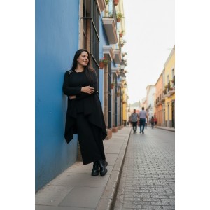  Πανωφόρι Midi, μαύρο ασύμμετρο, σε στυλ κάπας με μανίκι, Κουκούλα , Άνετο ζεστό, Φούτερ με χνούδι,  Βαμβάκι95% ελαστάν 5%, πλαϊνές τσέπες, ΧΩΡΙΣ φερμουάρ, σχέδιο Πουά Καμηλοπάρδαλη"