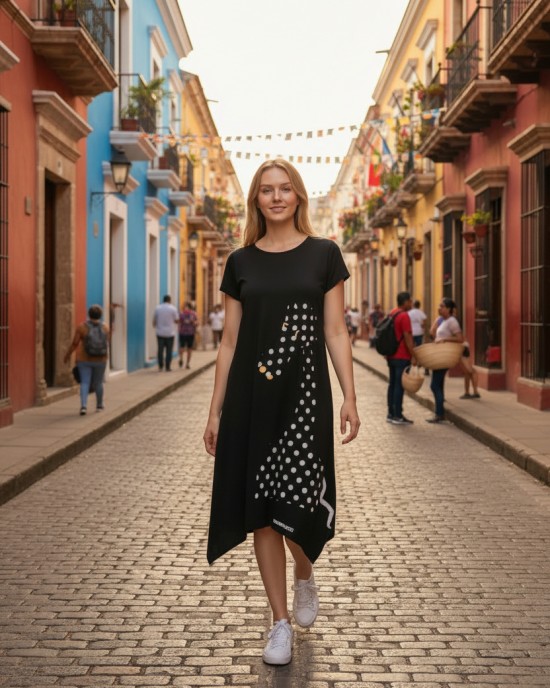 Μίντι φόρεμα, χαμόγελο λαιμόκοψη, μικρά πλαϊνά ανοίγματα στο τελείωμα, μήκος 115εκ., Βαμβάκι100% με σχέδιο την  Όμορφη Πουά Καμηλοπάρδαλη