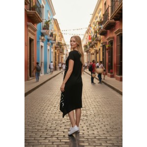 Μίντι φόρεμα, χαμόγελο λαιμόκοψη, μικρά πλαϊνά ανοίγματα στο τελείωμα, μήκος 115εκ., Βαμβάκι100% με σχέδιο την  Όμορφη Πουά Καμηλοπάρδαλη