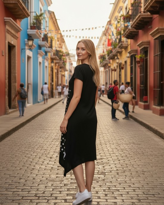 Μίντι φόρεμα, χαμόγελο λαιμόκοψη, μικρά πλαϊνά ανοίγματα στο τελείωμα, μήκος 115εκ., Βαμβάκι100% με σχέδιο την  Όμορφη Πουά Καμηλοπάρδαλη