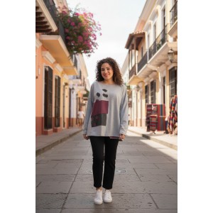 Μπλούζα, σε χρώμα γκρι ανοιχτό, Βαμβάκι 95% ελαστάν 5%, μακρύ μανίκι, , μήκος από ώμο 65εκ., με λαιμόκοψη χαμόγελο, Σχέδιο το σπιτάκι 