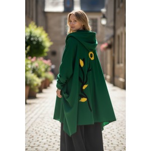 Καλοκαιρινό Ασύμμετρο Πανωφόρι Midi, σε πράσινο χρώμα, σε στυλ κάπας με μανίκι, Άνετο δροσερό, Βαμβάκι 100% με πλαϊνές τσέπες, ΧΩΡΙΣ φερμουάρ, σχέδιο λουλουδάκι 