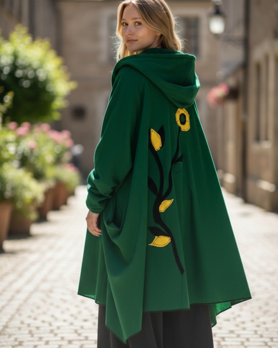 Καλοκαιρινό Ασύμμετρο Πανωφόρι Midi, σε πράσινο χρώμα, σε στυλ κάπας με μανίκι, Άνετο δροσερό, Βαμβάκι 100% με πλαϊνές τσέπες, ΧΩΡΙΣ φερμουάρ, σχέδιο λουλουδάκι 