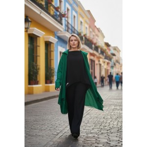 Καλοκαιρινό Ασύμμετρο Πανωφόρι Midi, σε πράσινο χρώμα, σε στυλ κάπας με μανίκι, Άνετο δροσερό, Βαμβάκι 100% με πλαϊνές τσέπες, ΧΩΡΙΣ φερμουάρ, σχέδιο λουλουδάκι 