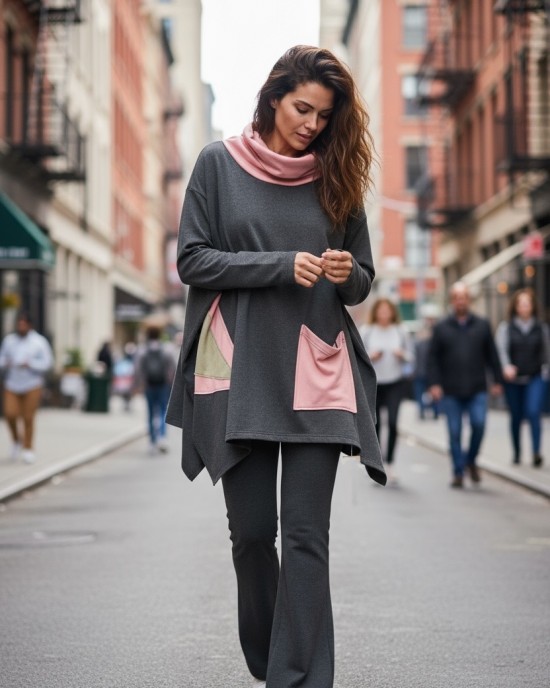 Μπλουζοφόρεμα γκρι σκούρο, τσέπη, με ροζ λαιμό , βαμβάκι 100% , μικρά πλαϊνά ανοίγματα στο τελείωμα, μήκος 70εκ., σχέδιο Ροζ Λεπτομέρειες 