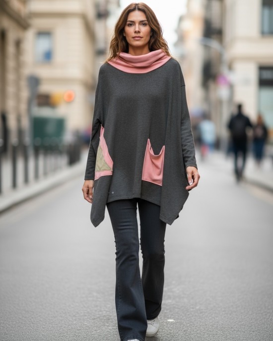 Μπλουζοφόρεμα γκρι σκούρο, τσέπη, με ροζ λαιμό , βαμβάκι 100% , μικρά πλαϊνά ανοίγματα στο τελείωμα, μήκος 70εκ., σχέδιο Ροζ Λεπτομέρειες 