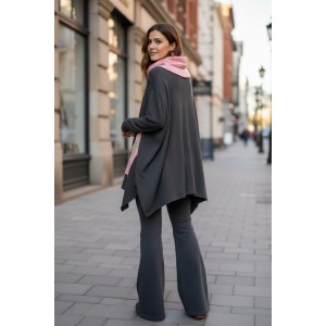 Μπλουζοφόρεμα γκρι σκούρο, τσέπη, με ροζ λαιμό , βαμβάκι 100% , μικρά πλαϊνά ανοίγματα στο τελείωμα, μήκος 70εκ., σχέδιο Ροζ Λεπτομέρειες 