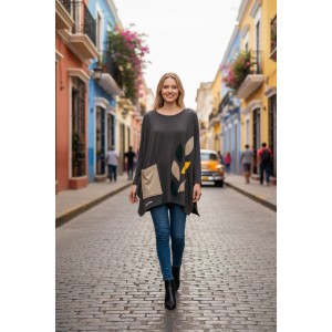 Μπλουζοφόρεμα γκρι σκούρο , με στρόγγυλη λαιμόκοψη , τσέπη,  βαμβάκι 95% ελασταν 5%,  μικρά πλαϊνά ανοίγματα στο τελείωμα, μήκος 70εκ σχέδιο Φυλλαράκια χρωματιστά 