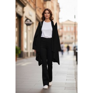 Ασύμμετρο Πανωφόρι Midi, μήκος 100εκ, μαύρο, στυλ κάπας μακρύ μανίκι, με Κουκούλα Μαύρη και ροζ εσωτερικά, Άνετο ζεστό, Φούτερ με χνούδι, πλαϊνές τσέπες, ΧΩΡΙΣ φερμουάρ, σχέδιο 2 Ροζ Καρδιές