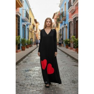 Μακρύ Φόρεμα, μακρύ μανίκι, βαμβάκι95% ελαστάν ,με στρόγγυλη λαιμόκοψη, μήκος 137εκ., με σχέδιο Καρδιές 