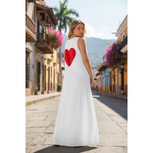 Φόρεμα μακρύ μαύρο ή μπλε σκούρο, μήκος από τον ώμο 135εκ., με v λαιμόκοψη, άνετο και δροσερό βαμβάκι 100%, αμάνικο, με σχέδιο 2 κόκκινες καρδιές μπροστά και μία στην πλάτη