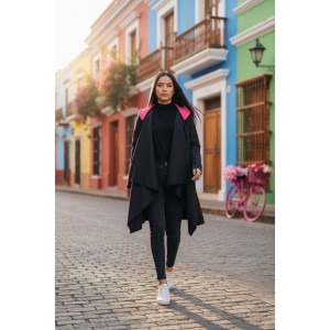 Ασύμμετρο Πανωφόρι Midi, μαύρο, σε στυλ κάπας με μανίκι, Χειροποίητο με αγάπη, Άνετο ζεστό, Φούτερ με χνούδι, με πλαϊνές τσέπες, ΧΩΡΙΣ φερμουάρ, σχέδιο Κόκκινη Καρδιά 