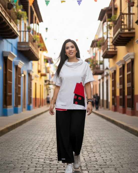 Mπλούζα  με κοντό ρεγκλάν  μανίκι, ντραπέ λαιμό, ύφασμα μπλούζας βαμβάκι 100%, μήκος από ώμο 65εκ., με σχέδιο  Σπίτι μου