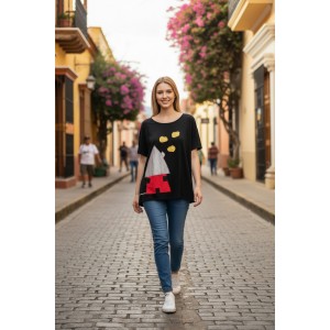 Mπλούζα  με κοντό μανίκι, χαμόγελο λαιμόκοψη, ύφασμα μπλούζας βαμβάκι 100%, μήκος από ώμο 65εκ., με σχέδιο Σπιτάκι 