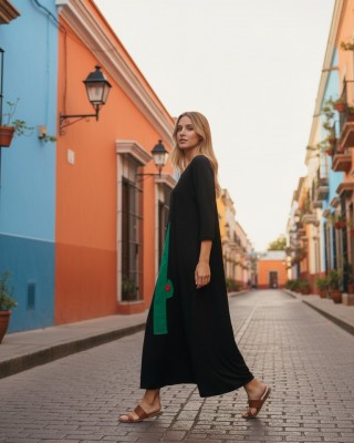 Φόρεμα midi μπαλούν, χρώμα μαύρο, στρόγγυλη λαιμόκοψη, με κοντό ή με 3/4 μανίκι, μήκος 120εκ από ώμο, Βαμβάκι 100%, Σχέδιο Κάκτος