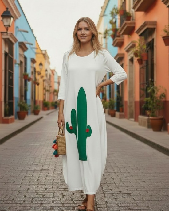 Φόρεμα midi μπαλούν, χρώμα μαύρο, στρόγγυλη λαιμόκοψη, με κοντό ή με 3/4 μανίκι, μήκος 120εκ από ώμο, Βαμβάκι 100%, Σχέδιο Κάκτος