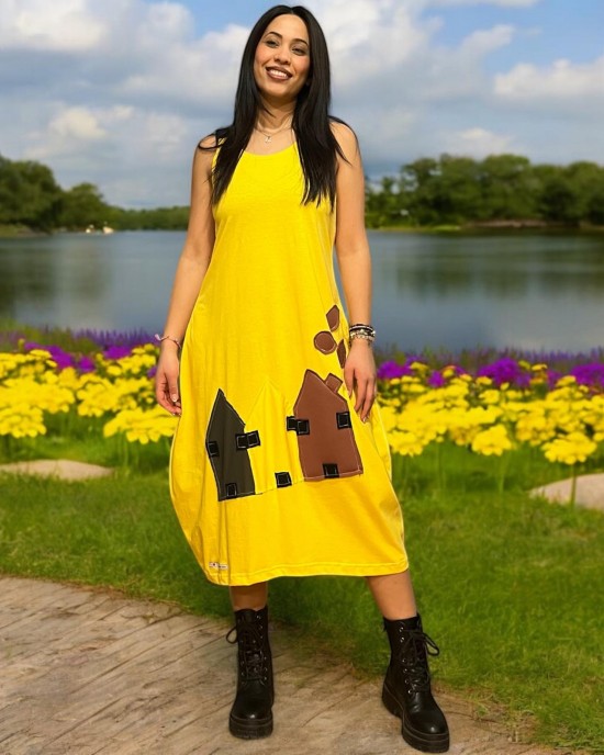 Φόρεμα Μίντι κίτρινο με τζιν τιράντες  βαμβακερό 100% Σπιτάκια με  χρώμα 